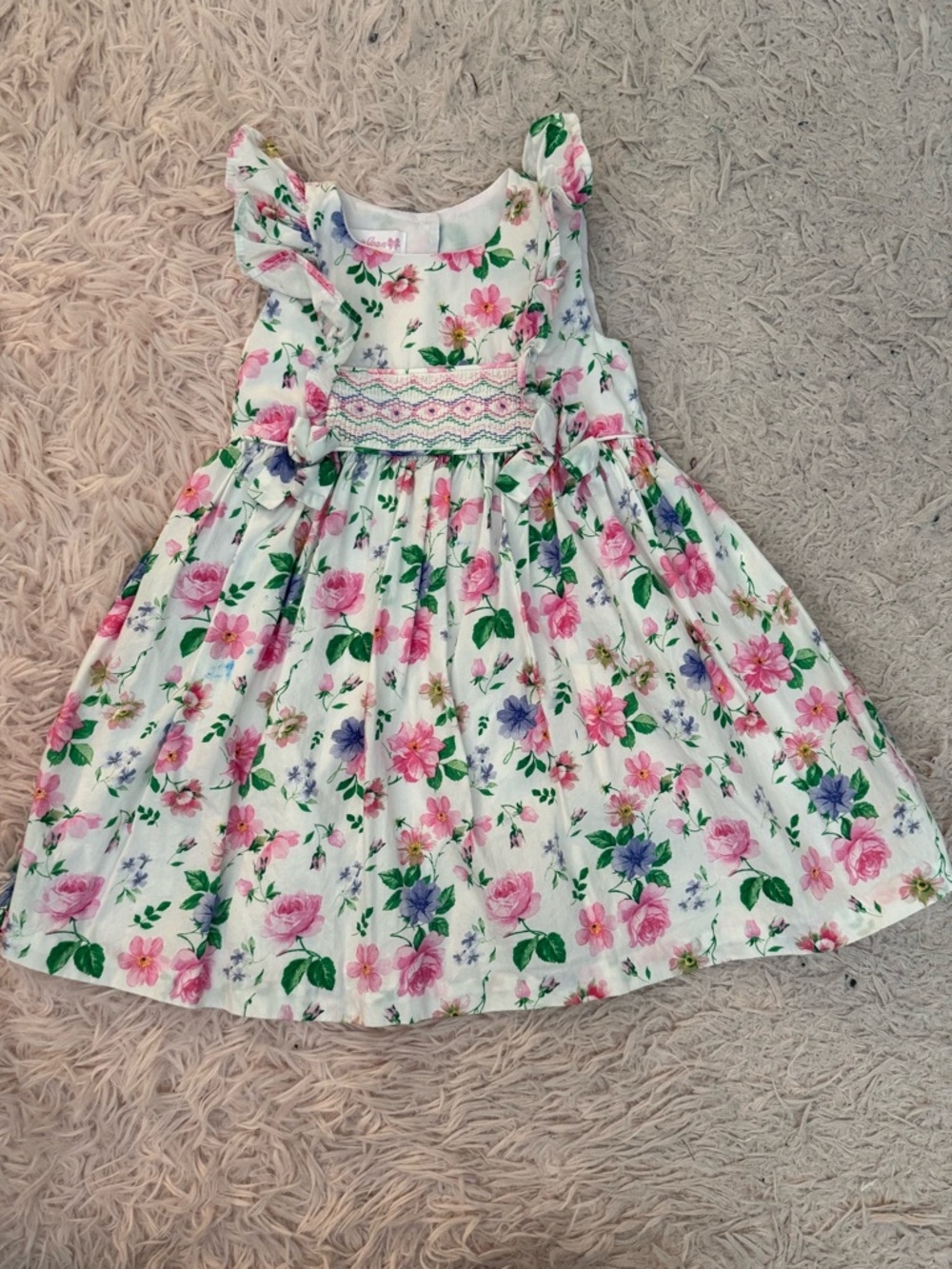 Bonnie Jean White Floral Dress with Pink & Green Accents